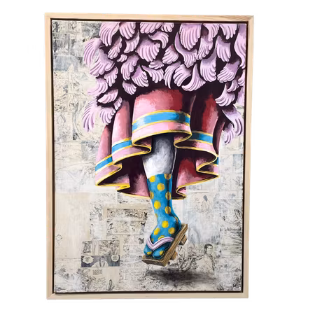 Polka dots and träskor, Blandteknik på duk av Viktor Jusi Palm, 75x105 cm
