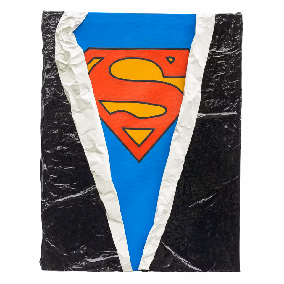 Superman, Mixed media av Adam Ström. 90 x 70 cm. Tavla, del av serien Wrapped