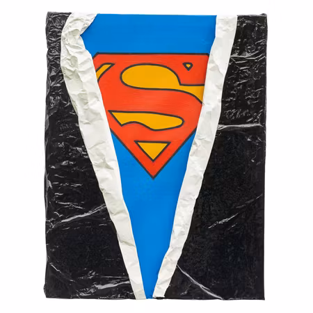 Superman, Mixed media av Adam Ström. 90 x 70 cm. Tavla, del av serien Wrapped