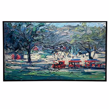 Tåg i Slottskogen, olja på duk av John Ma, 143,5x83 cm