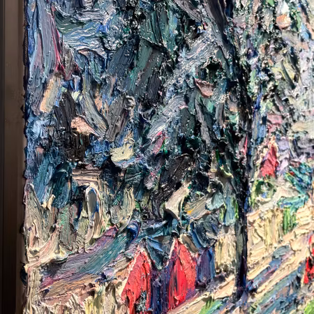 Tåg i Slottskogen, olja på duk av John Ma, 143,5x83 cm