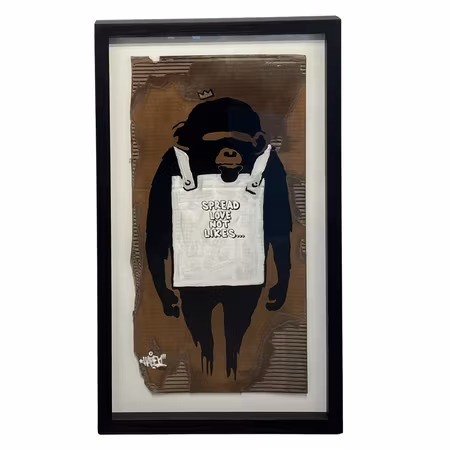 "Spread Love Not Likes", Blandteknik på kartong av Mike Blomqvist, 51x88 cm