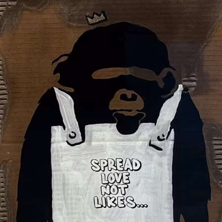 "Spread Love Not Likes", Blandteknik på kartong av Mike Blomqvist, 51x88 cm