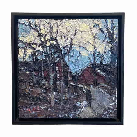 Cabins in the Wood, Olja på duk av John Ma, 45x45 cm