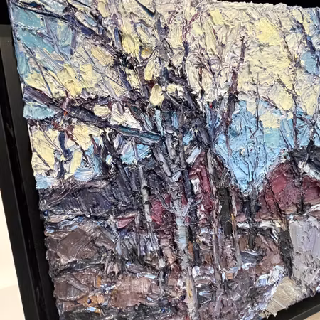 Cabins in the Wood, Olja på duk av John Ma, 45x45 cm