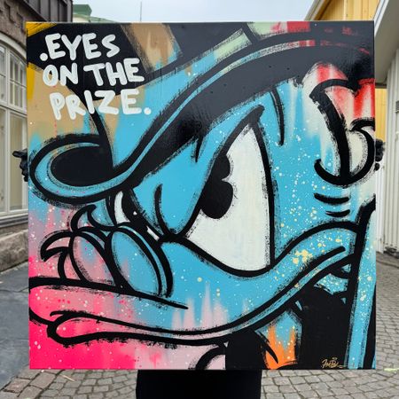 "Eyes on the Prize" av Mike Blomqvist, blandteknik med sprayfärg och akryl på duk, 80x80 cm.