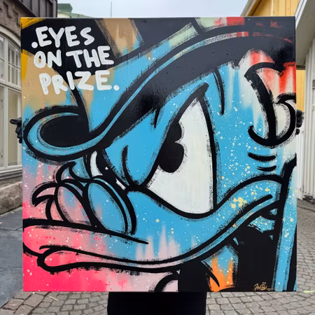 "Eyes on the Prize" av Mike Blomqvist, blandteknik med sprayfärg och akryl på duk, 80x80 cm.