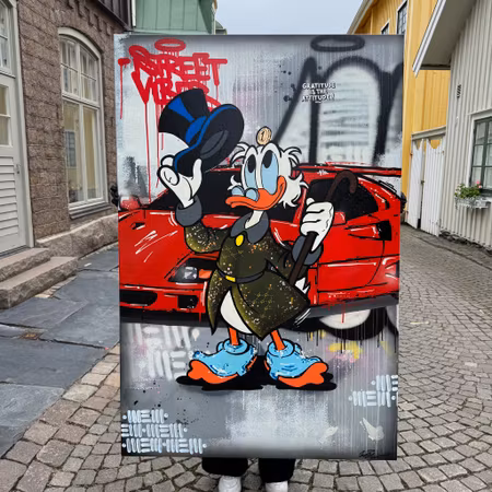 "Gratitude is the Attitude" av Mike Blomqvist, blandteknik med sprayfärg, akryl och metallic-effekter på duk, 100x151 cm.