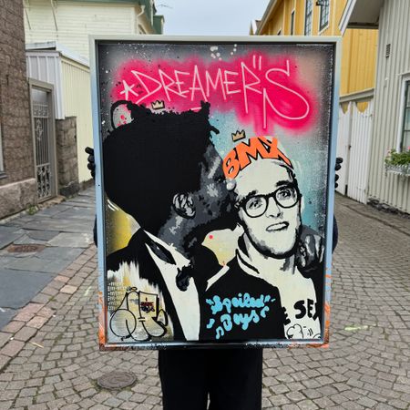 "Dreamers" av Mike Blomqvist, blandteknik med sprayfärg och akryl på duk med målad träram, 64x84 cm.