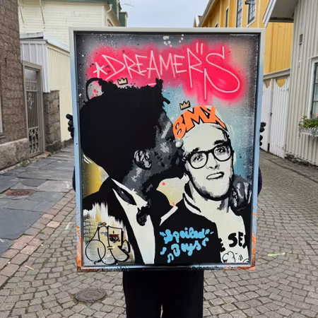 "Dreamers" av Mike Blomqvist, blandteknik med sprayfärg och akryl på duk med målad träram, 64x84 cm.