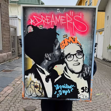 "Dreamers" av Mike Blomqvist, blandteknik med sprayfärg och akryl på duk med målad träram, 64x84 cm.