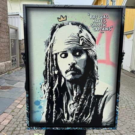 "Ruff Seas" av Mike Blomqvist, blandteknik med sprayfärg och akryl på duk med målad träram, 64x84 cm.