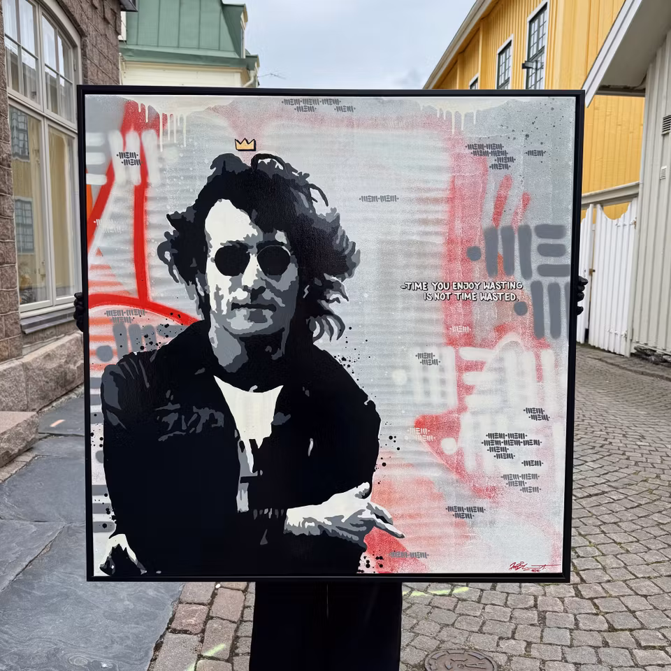 "Time You Enjoy Wasting Is Not Time Wasted" av Mike Blomqvist, blandteknik med sprayfärg och akryl på duk, 104x104 cm.
