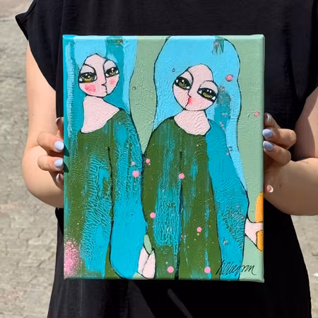 "Hålla handen", Akryl på duk av Hanna Ekegren, 22x27 cm