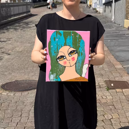 "Kind mot kind", Akryl på duk av Hanna Ekegren, 22x27 cm
