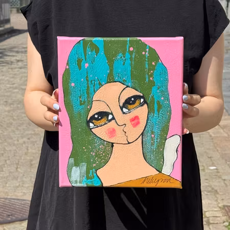 "Kind mot kind", Akryl på duk av Hanna Ekegren, 22x27 cm
