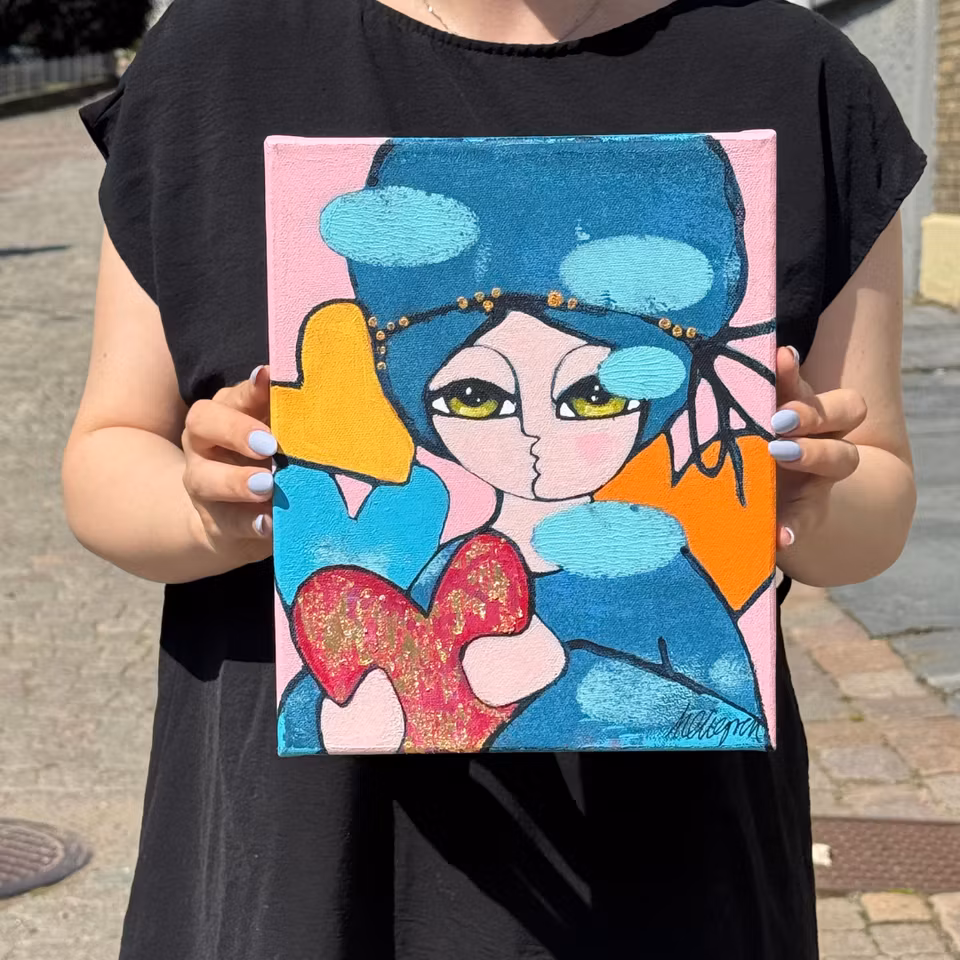 "Lyckohjärtan", Akryl på duk av Hanna Ekegren, 22x27 cm