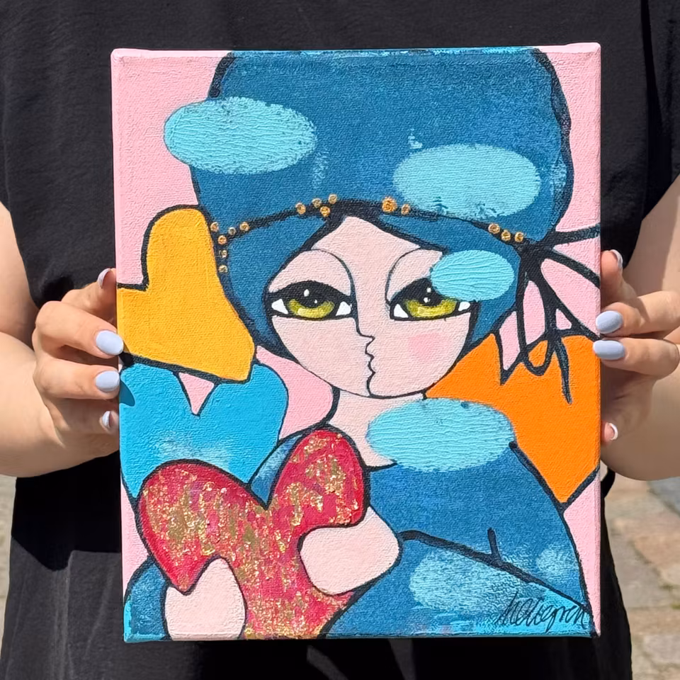 "Lyckohjärtan", Akryl på duk av Hanna Ekegren, 22x27 cm