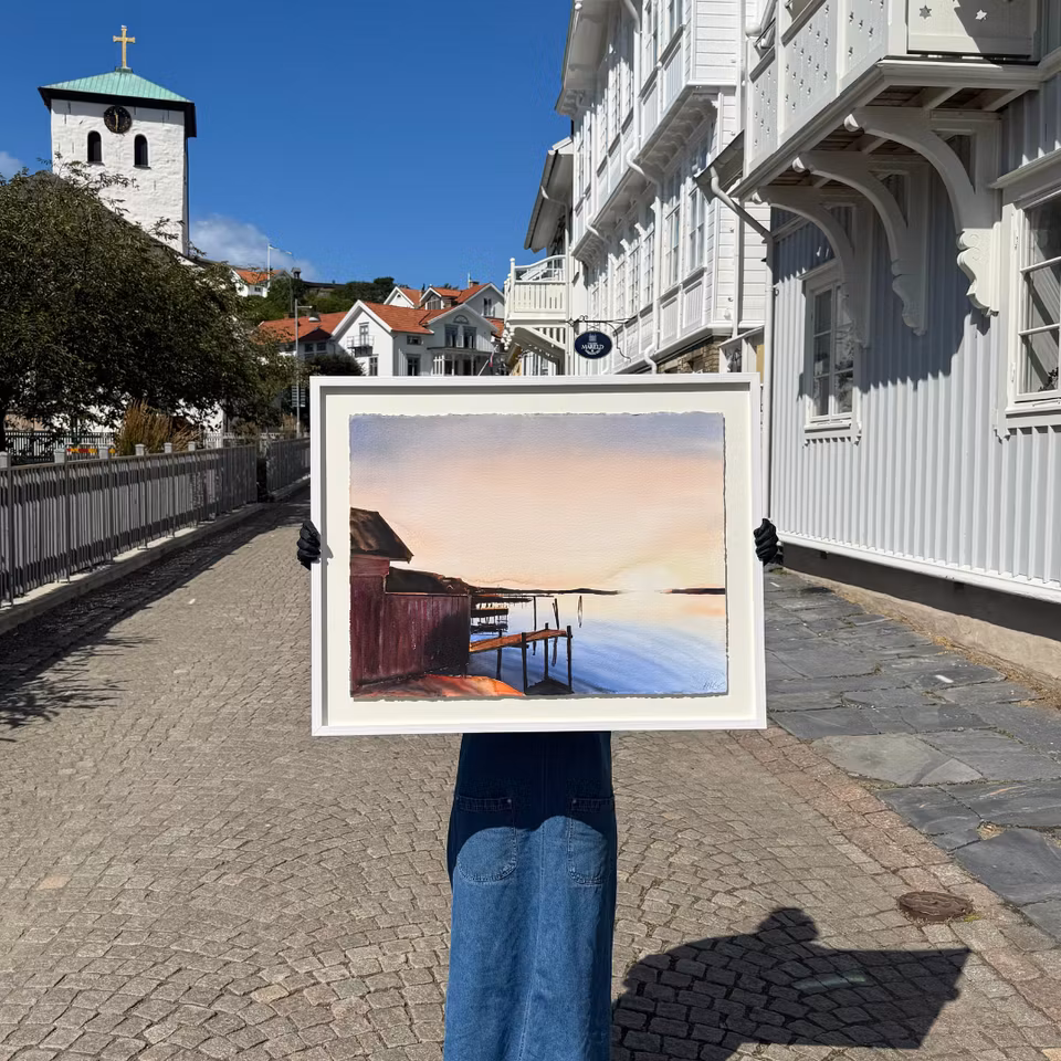 'Kvällssol i Fjällbacka', Akvarell av Kalle Nilsson, 93x73 cm