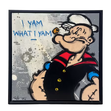 "I yam what I yam", Blandteknik på duk av Mike Blomqvist, 40x40 cm