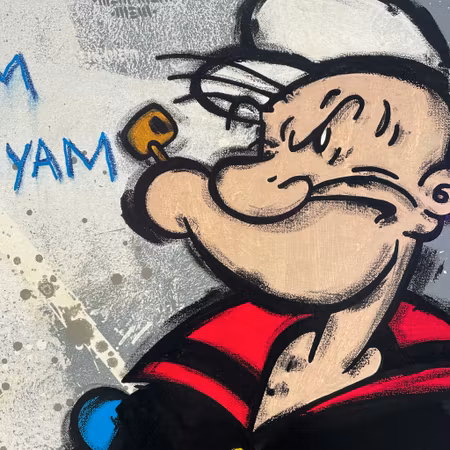 "I yam what I yam", Blandteknik på duk av Mike Blomqvist, 40x40 cm