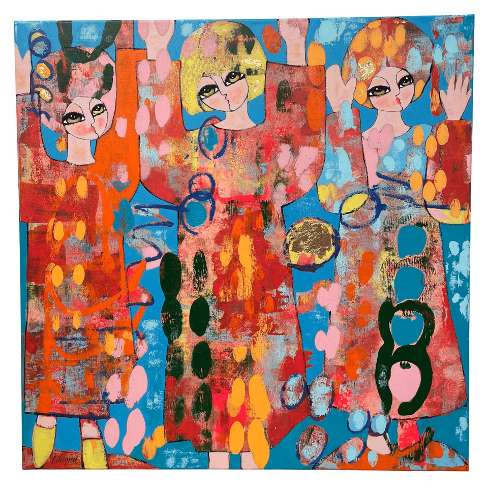 'Händerna upp i luften', Akryl på duk av Hanna Ekegren, 100x100 cm
