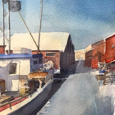 Fiskebåt vid kaj, Skärhamn, Akvarell av Kalle Nilsson, 73 × 53 cm