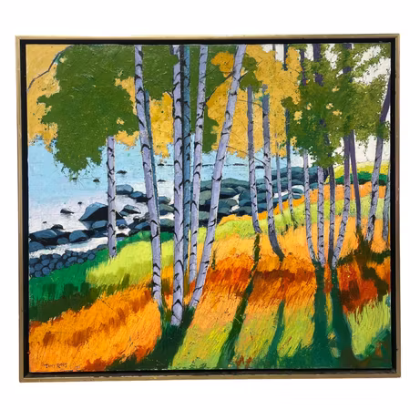 'Björkar vid havet', Olja på duk av Tony Roos, 105x95 cm