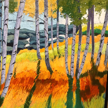 'Björkar vid havet', Olja på duk av Tony Roos, 105x95 cm