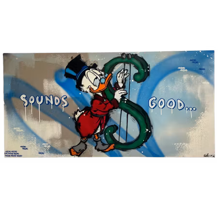 "Sounds Good", Blandteknik på träpanel av Mike Blomqvist, 120x60 cm