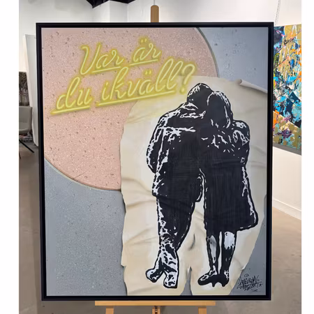 'Var är du ikväll?', Blandteknik på duk av Hellstrom Street Art & Jonas Brodin, 105x125 cm