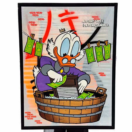 "A penny saved is a penny earned", Blandteknik på duk av Mike Blomqvist, 64x84 cm