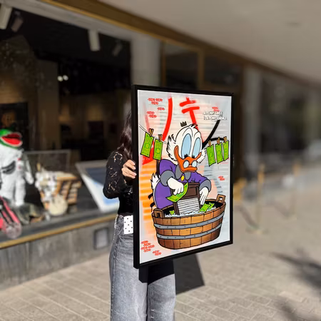 "A penny saved is a penny earned", Blandteknik på duk av Mike Blomqvist, 64x84 cm