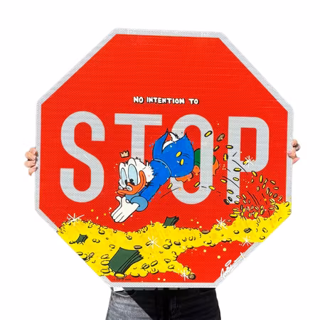 "No intention to stop", Blandteknik på gatuskylt av Mike Blomqvist, 72x72 cm