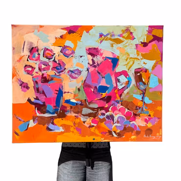 "Still-life Orange & Pink", Akryl på duk av Alberto Ramirez LEG, 90x70 cm