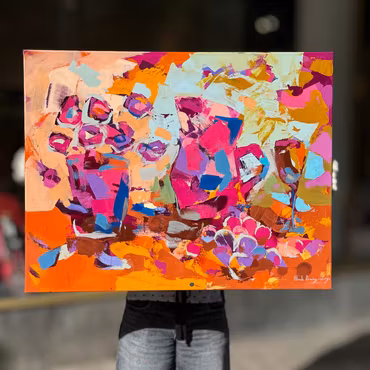 "Still-life Orange & Pink", Akryl på duk av Alberto Ramirez LEG, 90x70 cm