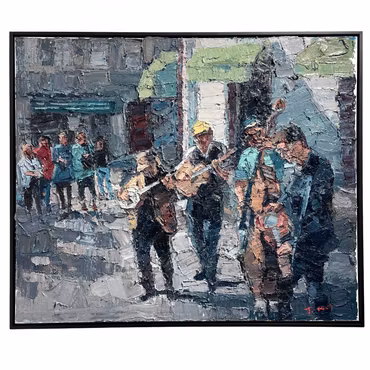 "Bluegrass band in Haga", olja på duk av John Ma, 124x104 cm
