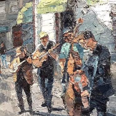"Bluegrass band in Haga", olja på duk av John Ma, 124x104 cm