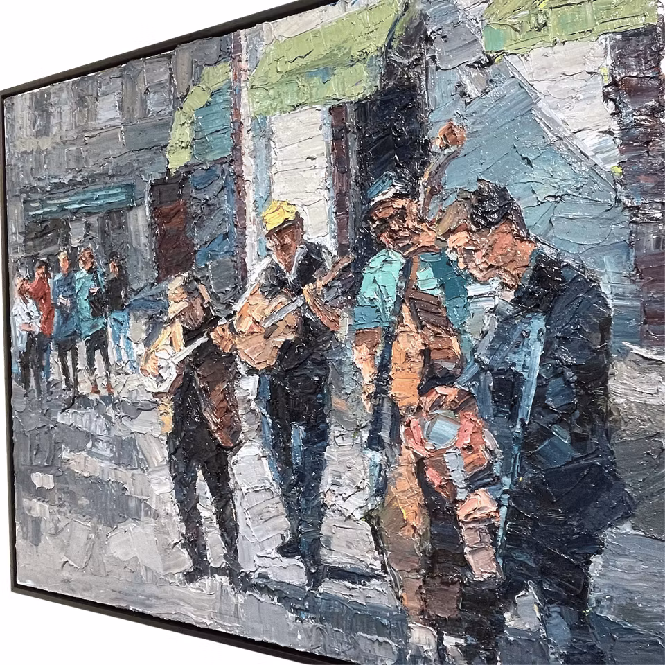 "Bluegrass band in Haga", olja på duk av John Ma, 124x104 cm