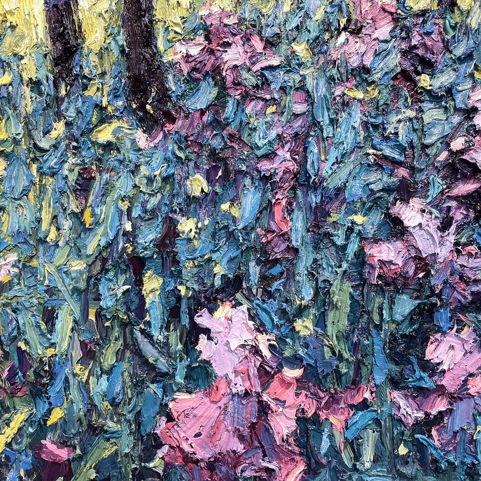 "Meadow with Irises", olja på duk av John Ma, 204x104 cm
