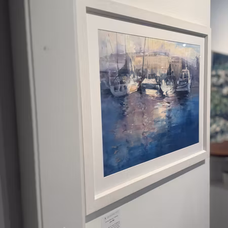 "Evening Reflections, Göteborg", akvarell på papper av John Ma, 92 × 72 cm