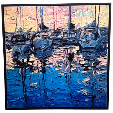 "Lilla bommen in Sunset", olja på duk av John Ma, 100x100 cm