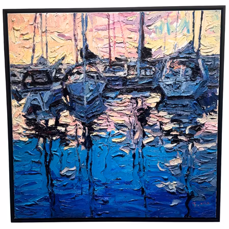 "Lilla bommen in Sunset", olja på duk av John Ma, 100x100 cm