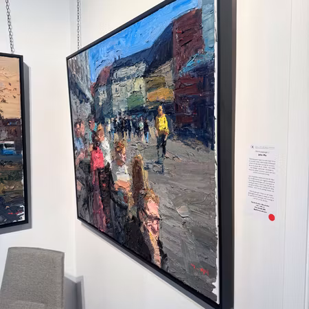 "Fika-Kungstorget II", olja på duk av John Ma, 120x100 cm