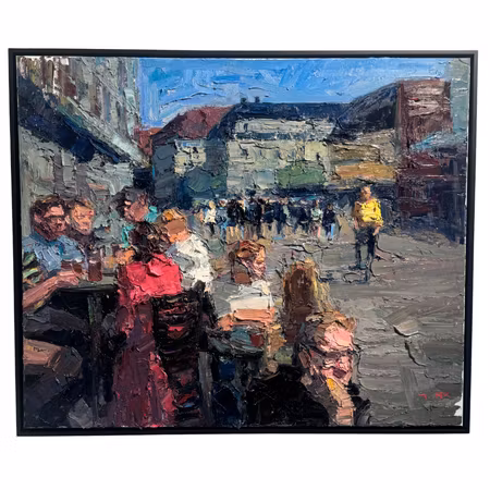 "Fika-Kungstorget II", olja på duk av John Ma, 120x100 cm
