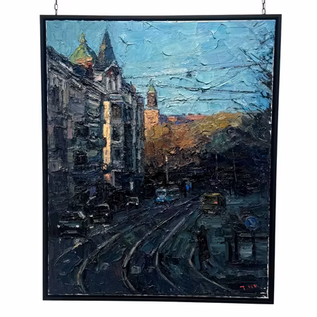 "Aschebergsgatan", olja på duk av John Ma, 80x100 cm