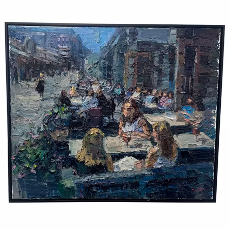 "Fika-Kungstorget I", olja på duk av John Ma, 120x100 cm