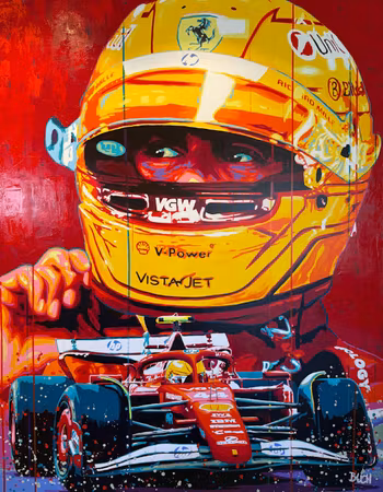 “Hamilton – The Red Chapter Begins”, akryl på duk av Allan Buch, 180 × 140 × 2 cm