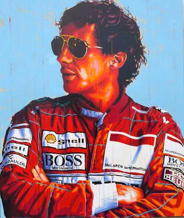 “Senna – The Man Behind the Legend”, akryl på duk av Allan Buch, 120 × 100 cm