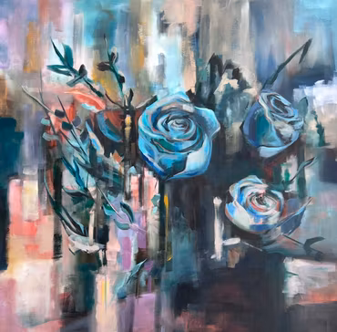 “Bedside Roses”, akryl på duk av Malin Hjalmarsson, 100 × 100 cm